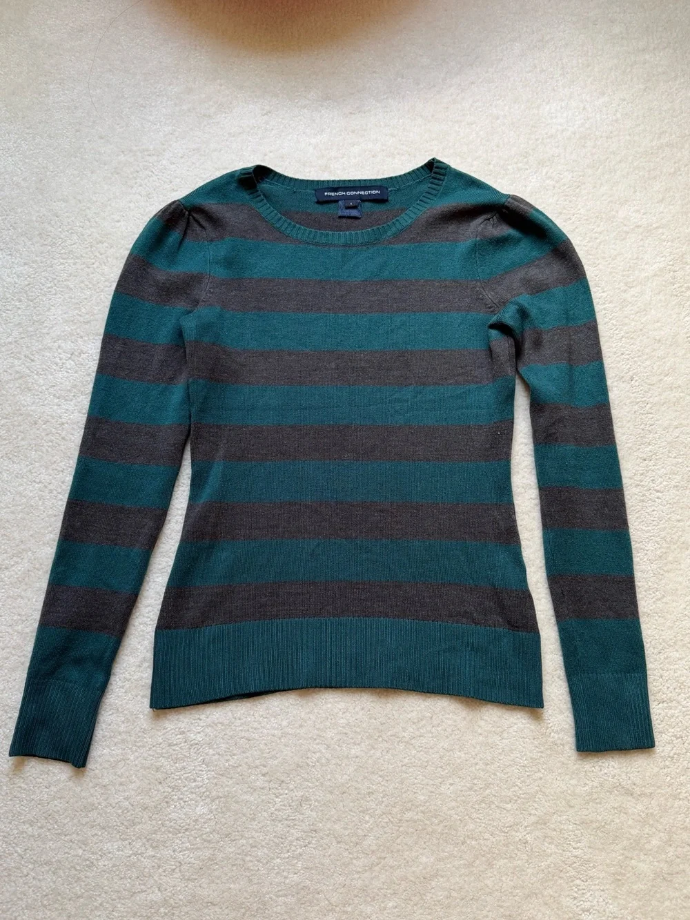 French Connection Teal and Charcoal Striped Crewneck Sweater